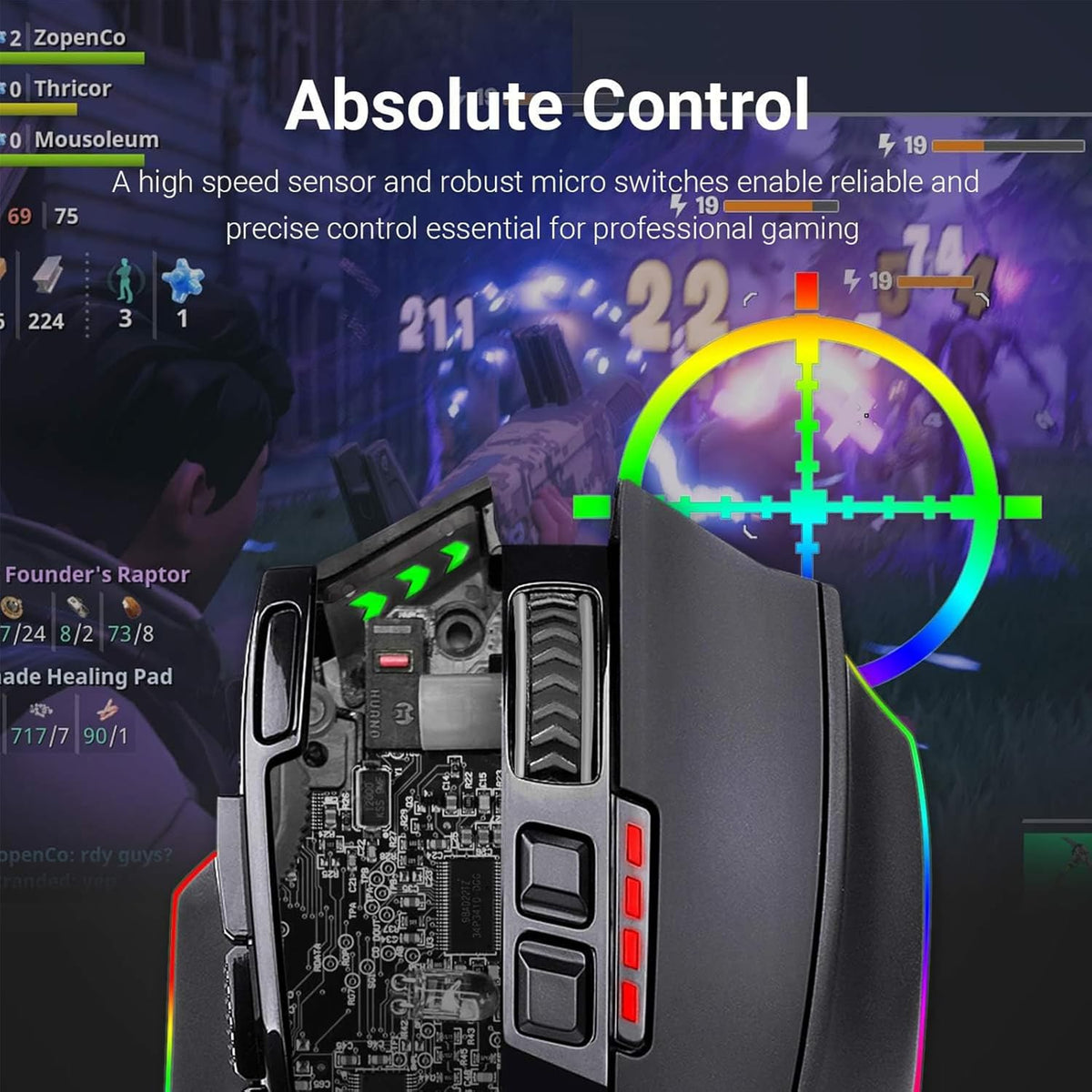 M801 Wireless RGB Gaming Mouse with 9 Programmable Macro Buttons, 16,000 Adjustable DPI, and Rapid Fire Function for Windows PC - Black