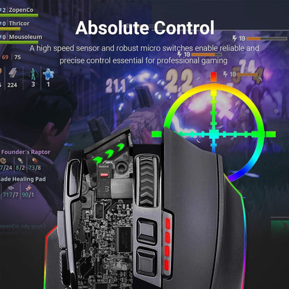 M801 Wireless RGB Gaming Mouse with 9 Programmable Macro Buttons, 16,000 Adjustable DPI, and Rapid Fire Function for Windows PC - Black