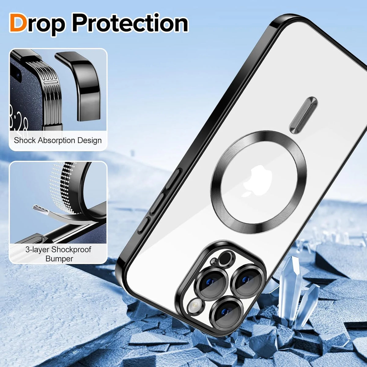 Magnetic Clear Case Compatible with iPhone 15 Pro Max - Flexible Fashion Cover - Black
