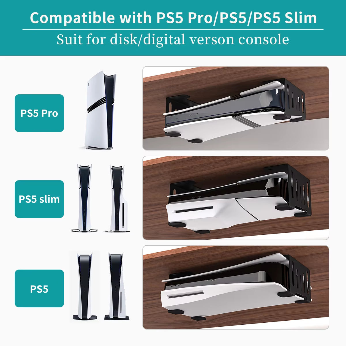 Hidden Desk Holder for Ps5/Pro/Slim Metal Horizontal Stealth Mount Support Compatible with PS5 Disc & Digital Edition Stand