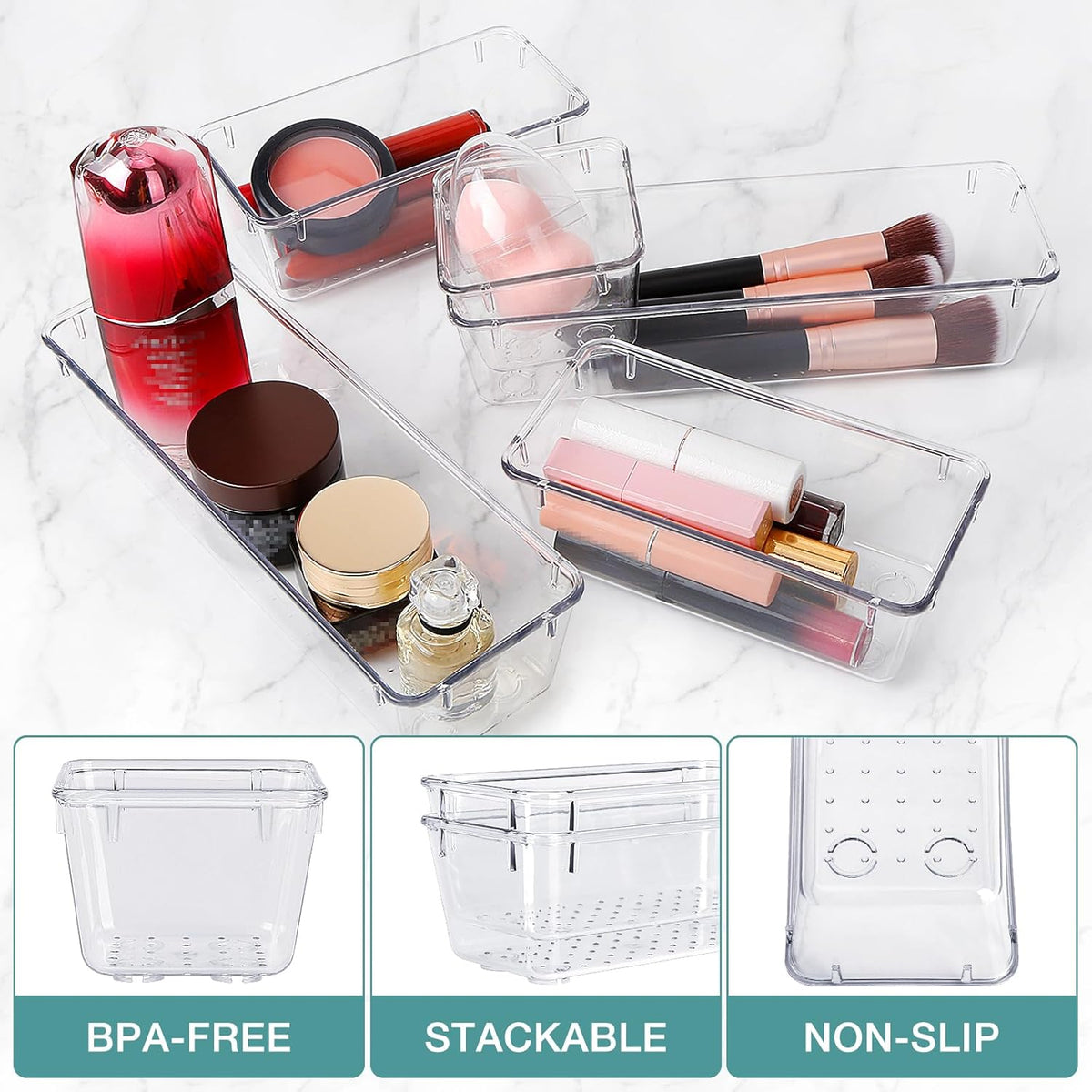 16 Pc. Organizer Set - 5 Size Bathroom and Kitchen Organizer Trays