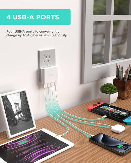 Slim 4-Port USB Wall Charger with Flat Multiport Travel Plug Adapter