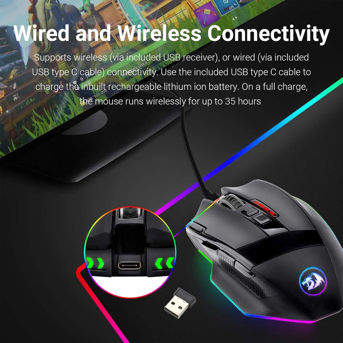 M801 Wireless RGB Gaming Mouse with 9 Programmable Macro Buttons, 16,000 Adjustable DPI, and Rapid Fire Function for Windows PC - Black