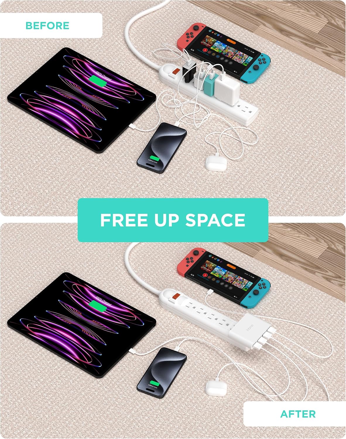 Slim 4-Port USB Wall Charger with Flat Multiport Travel Plug Adapter
