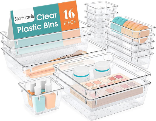 16 Pc. Organizer Set - 5 Size Bathroom and Kitchen Organizer Trays