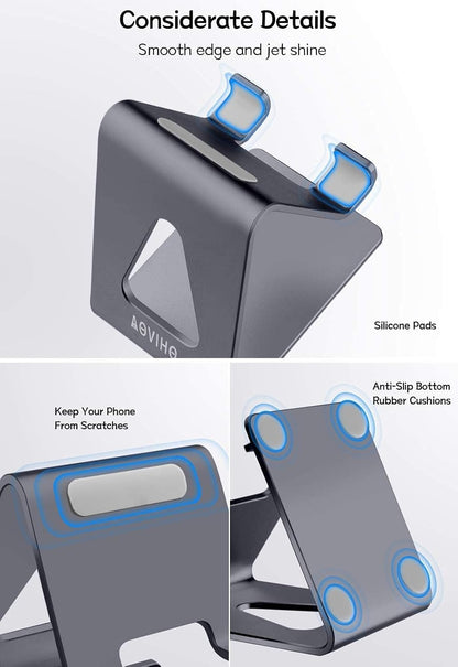Cell Phone Stand Desk Phone Holder - Aluminum Mobile Phone Dock for iPhone 15/14/13/12/Pro 11 X/Xs Max 8/7/6/6S plus/SE/ 5 Samsung All Smart Phones - Dark Gray