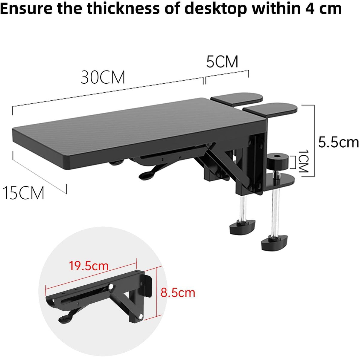  Desk Extension Tray - 30 X 15 Cm - Clamp without Perforation - Foldable Keyboard Drawer Tray - Wrist Rest - Computer Stand 