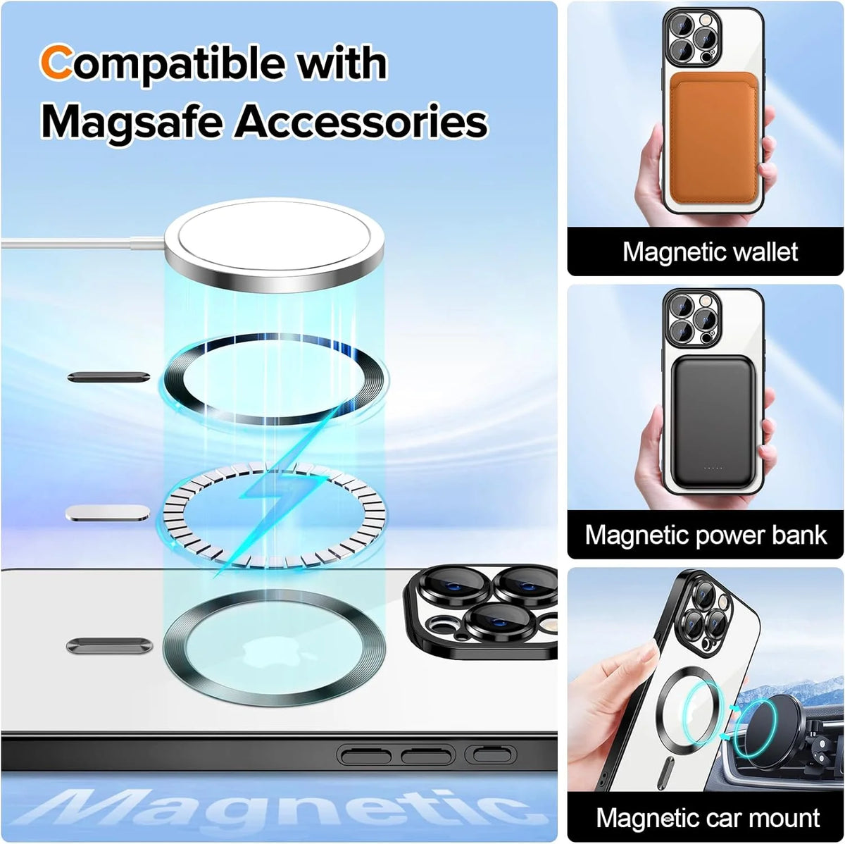 Magnetic Clear Case Compatible with iPhone 15 Pro Max - Flexible Fashion Cover - Black