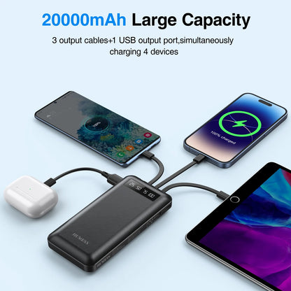  Power Bank Portable Charger with Cables Compatible for iPhone & Android Cell Phone - 20000Mah